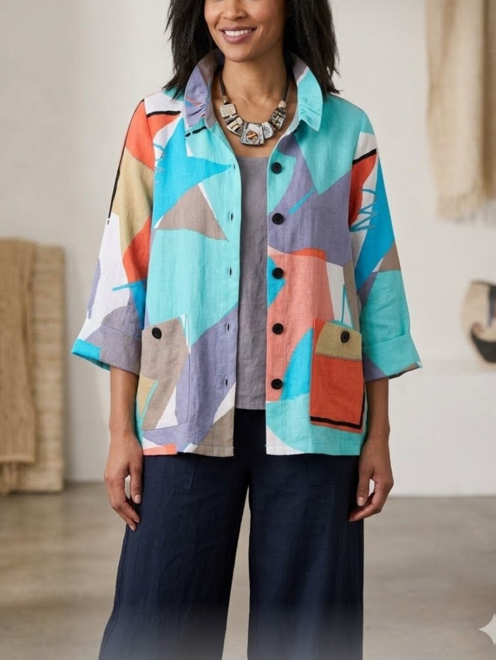 Ali Miles Linen Wired Collar Abstract Artsy Lagenlook Jacket Button-down Shirt